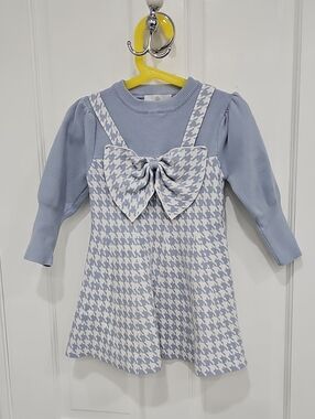 Beau Kid. Blue Houndstooth Bow Knit Dress for Girls